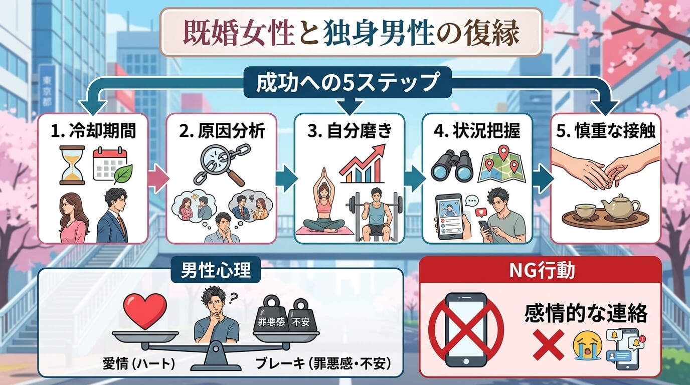 日本人の写真と現代日本の風景がベース。参照画像のテイストで生成。, 「既婚女性と独身男性の復縁」がテーマのインフォグラフィック。中央に「成功への5ステップ」と題したフローチャートを配置し、各ステップに