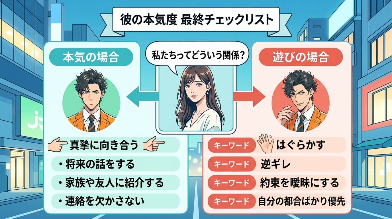 日本人の写真と現代日本の風景がベース。参照画像のテイストで生成。, 「彼の本気度 最終チェックリスト」というタイトルのインフォグラフィック。中央の女性からの「私たちってどういう関係？」という問いかけに