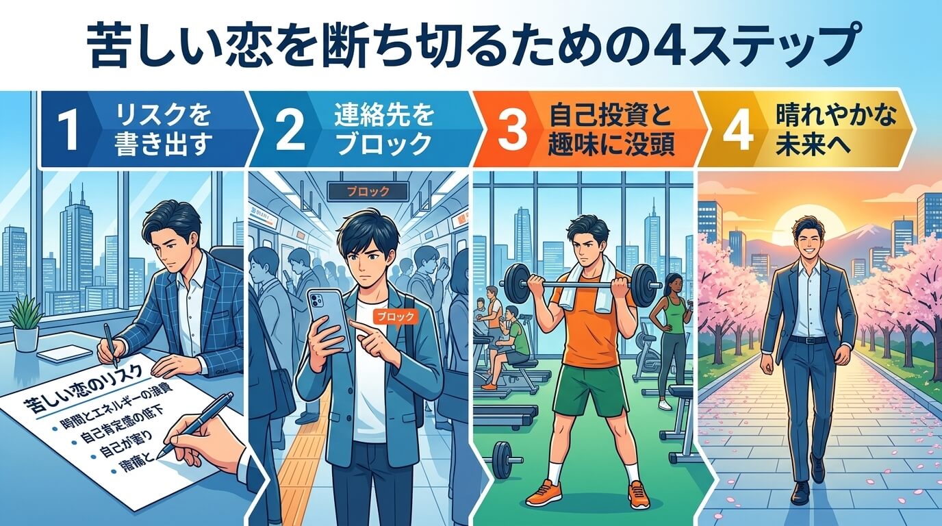 日本人の写真と現代日本の風景がベース。参照画像のテイストで生成。, インフォグラフィック、「苦しい恋を断ち切るための4ステップ」を描いたステップ図。清潔感のあるフラットデザインのデジタルイラストで、左