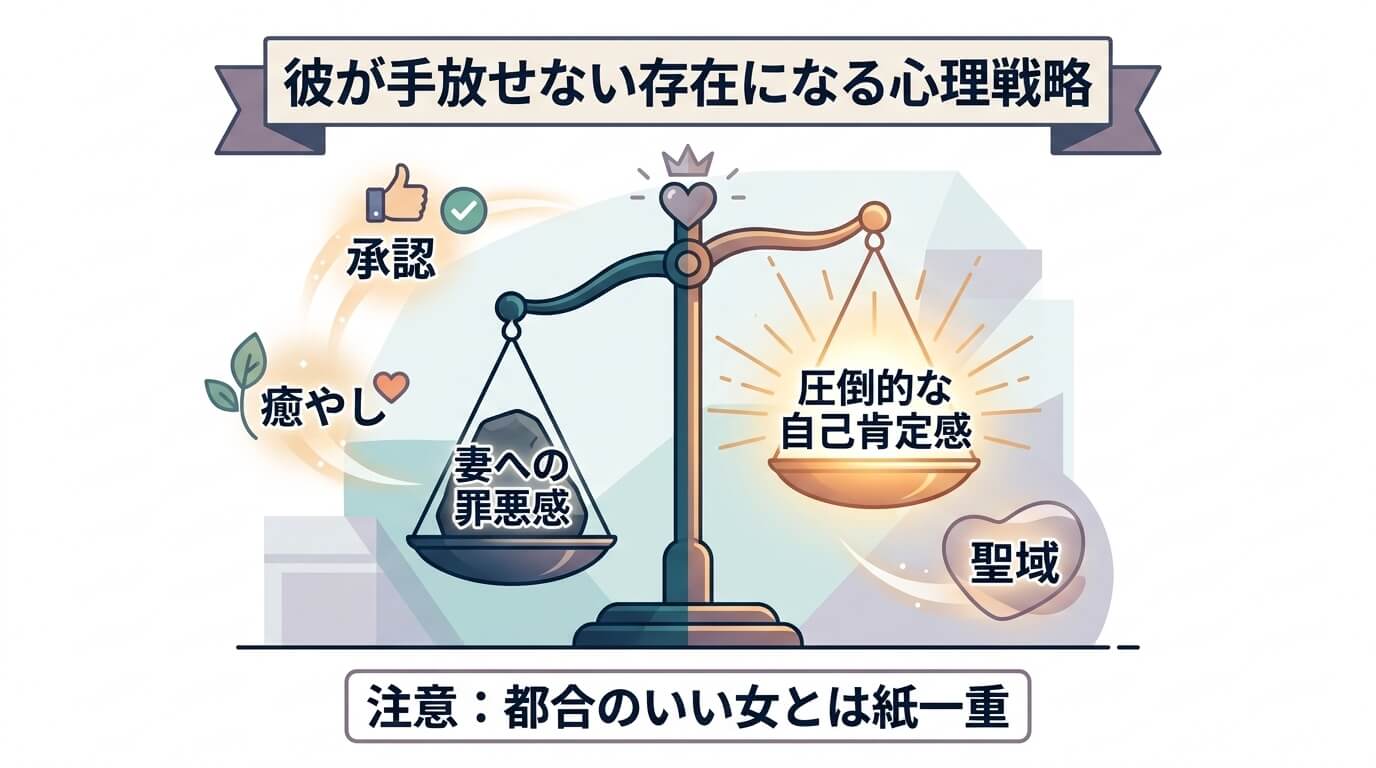 日本人の写真と現代日本の風景がベース。参照画像のテイストで生成。, 「彼が手放せない存在になる心理戦略」のインフォグラフィック。中央に男性の心を表す天秤を配置。左の皿には「妻への罪悪感」という重りが乗