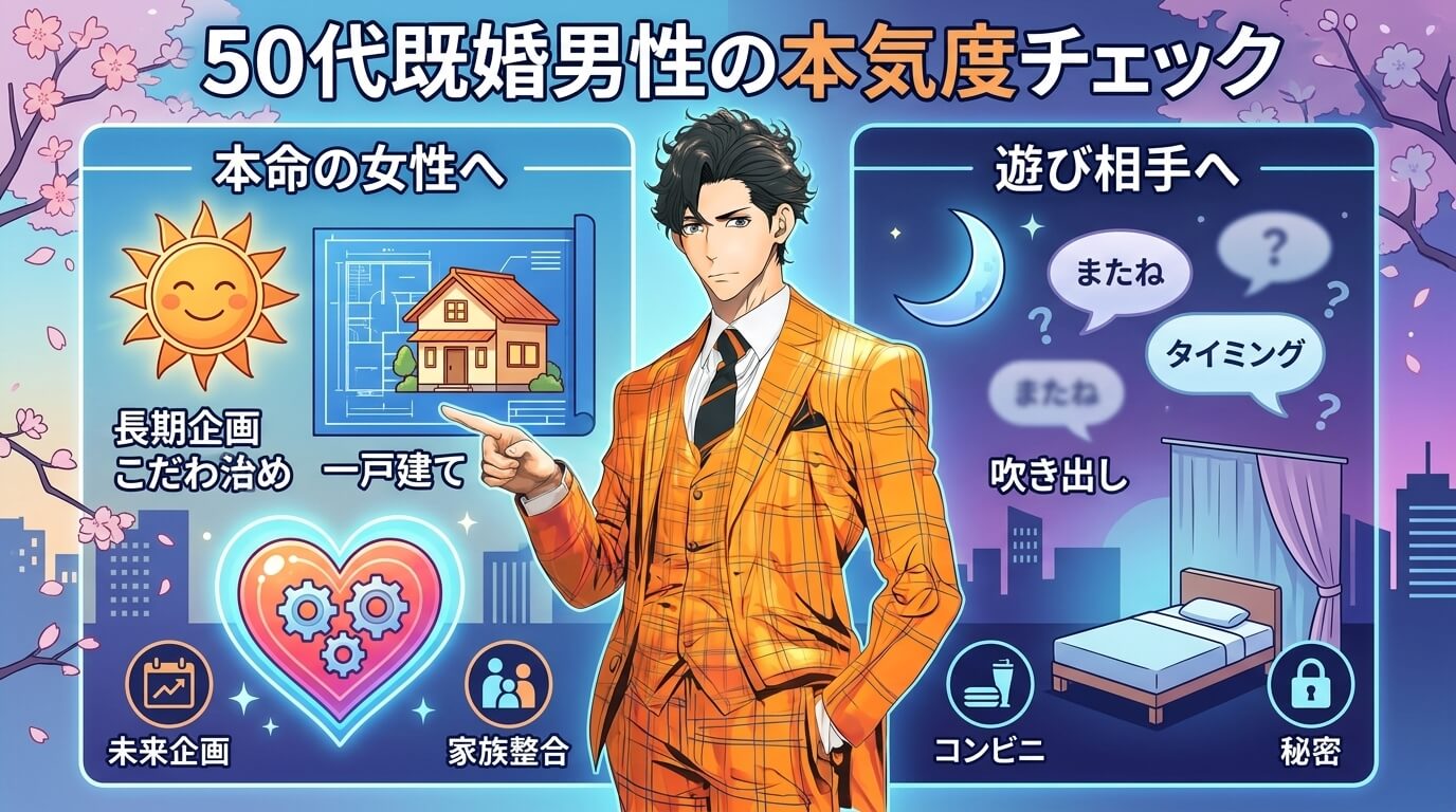 日本人の写真と現代日本の風景がベース。参照画像のテイストで生成。, インフォグラフィック「50代既婚男性の本気度チェック」。中央にスーツ姿の50代男性を配置し、画面を左右に分割した比較図。左側は「本命