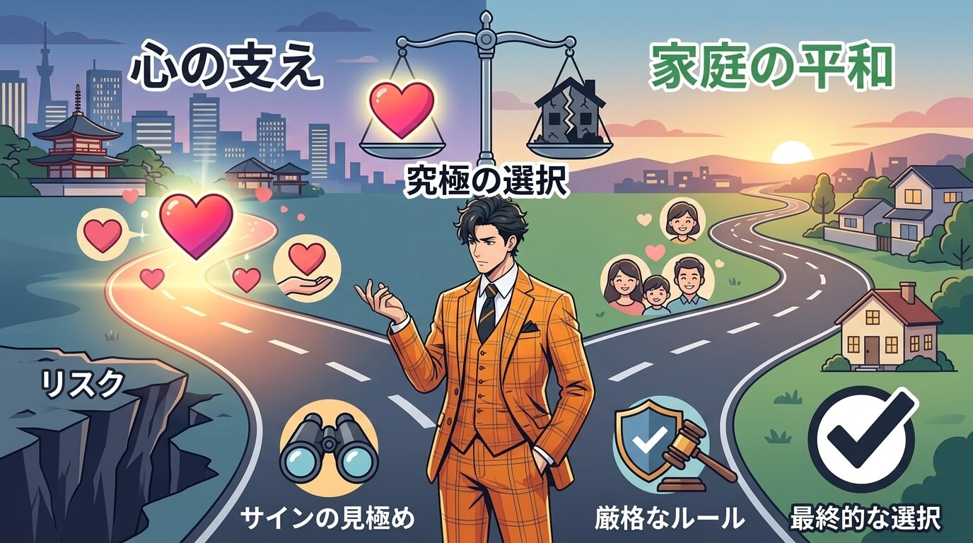 日本人の写真と現代日本の風景がベース。参照画像のテイストで生成。, インフォグラフィック、分岐路の構図。中央の人物が選択を迫られている。左の道は「心の支え」を表す明るい道だが、その先には崖（リスク）が