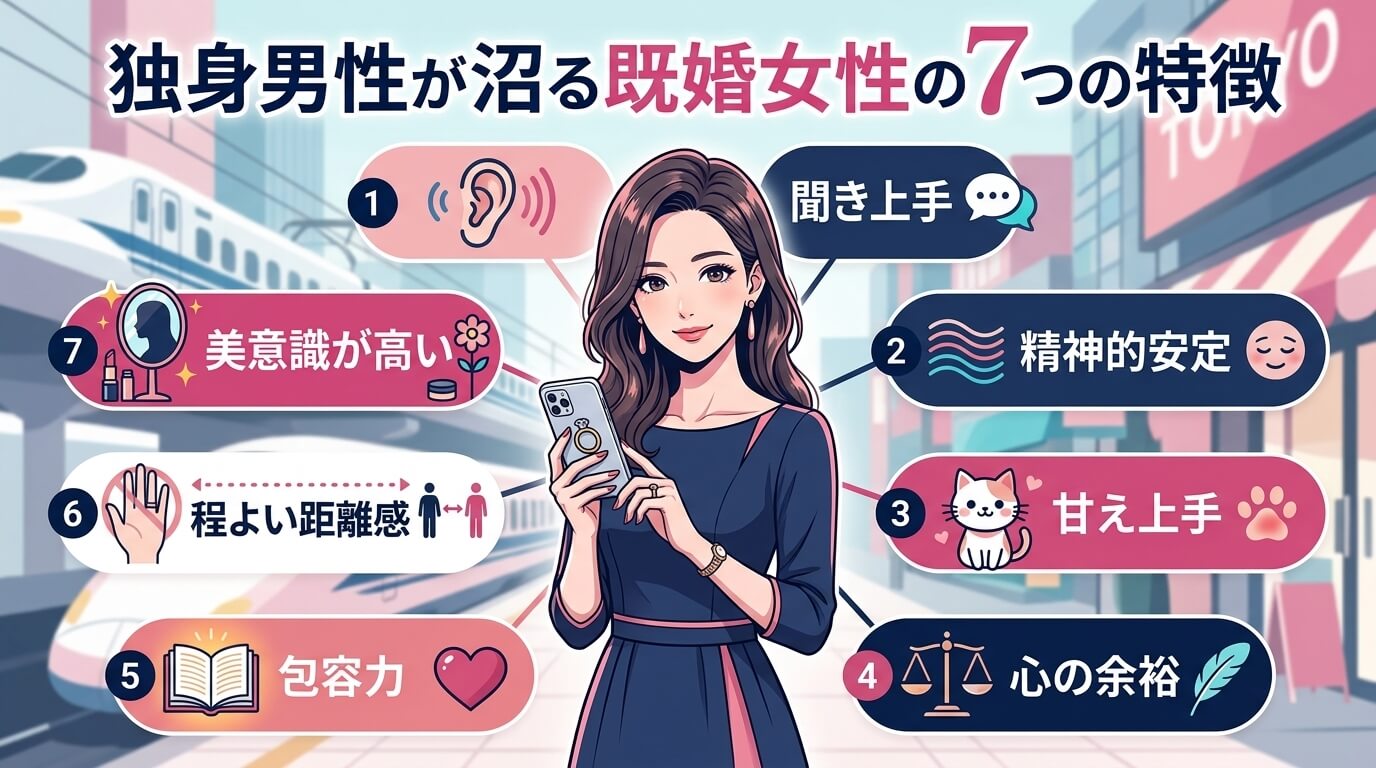 日本人の写真と現代日本の風景がベース。参照画像のテイストで生成。, 「独身男性が沼る既婚女性の7つの特徴」をテーマにしたインフォグラフィック。中央に魅力的な女性のイラストを配置し、その周りに7つの特徴