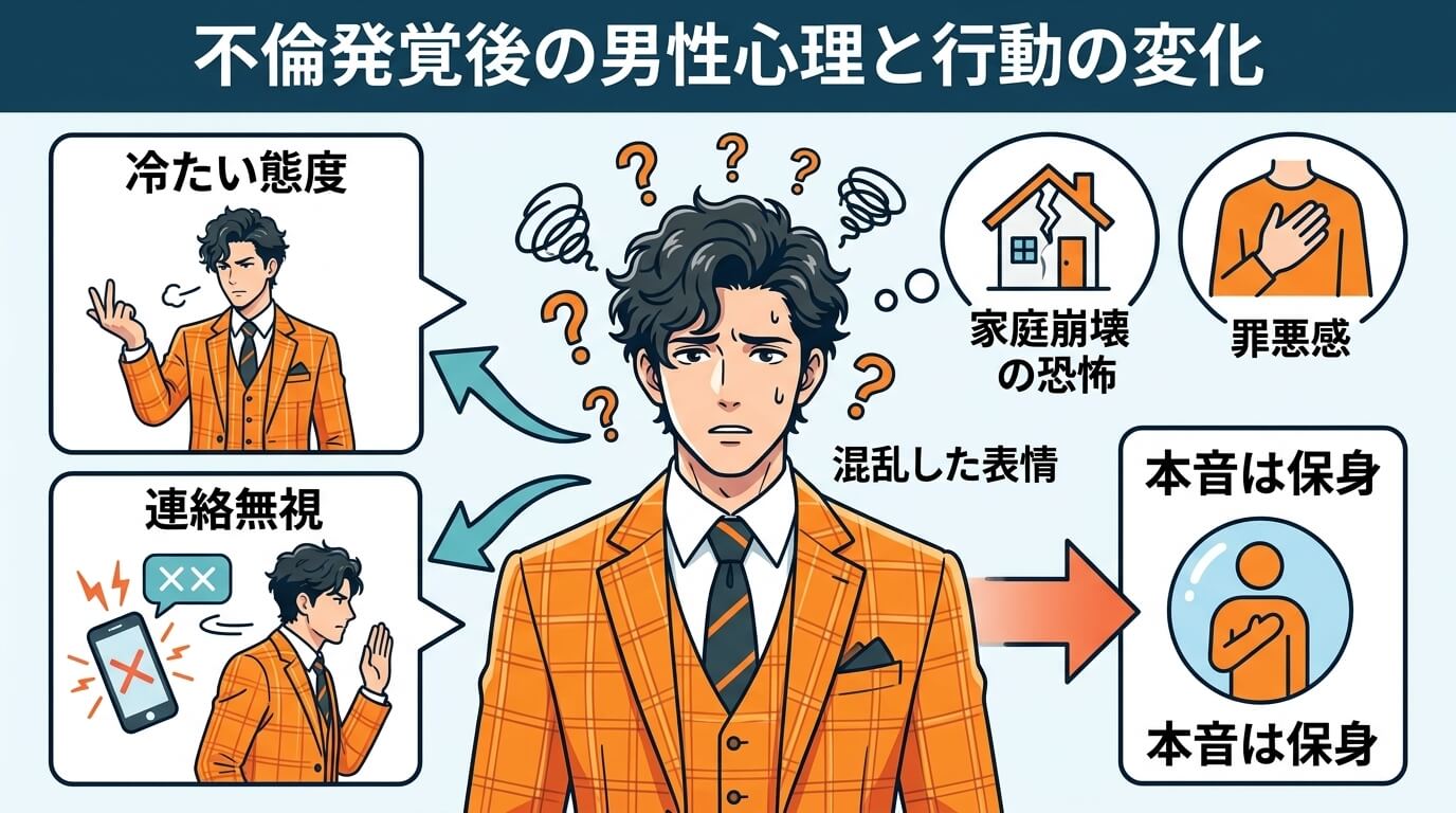 日本人の写真と現代日本の風景がベース。参照画像のテイストで生成。, 不倫が妻にバレた後の男性心理と行動の変化を示すインフォグラフィック。中央に混乱した表情の男性を配置し、彼の頭の中を「家庭崩壊の恐怖」