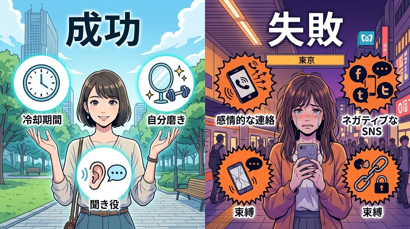 日本人の写真と現代日本の風景がベース。参照画像のテイストで生成。, 「復縁の成功と失敗」をテーマにしたインフォグラフィック。画面を中央で分割した比較図。左側には「成功」と題し、冷静で明るい表情の女性と