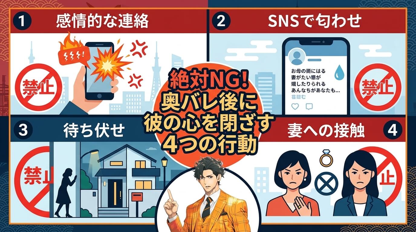 日本人の写真と現代日本の風景がベース。参照画像のテイストで生成。, インフォグラフィック、デジタルイラスト。「絶対NG！奥バレ後に彼の心を閉ざす4つの行動」という中央タイトル。画面を4分割し、各エリア