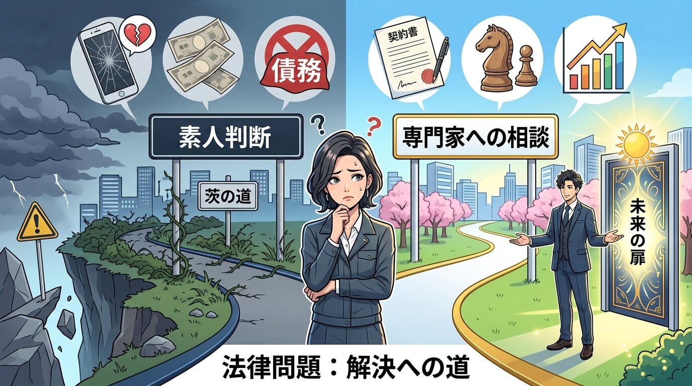 日本人の写真と現代日本の風景がベース。参照画像のテイストで生成。, インフォグラフィック、デジタルイラスト。悩む女性が分かれ道に立つ。左側は「素人判断」の茨の道で、スマホの割れたハートや請求書のアイコ