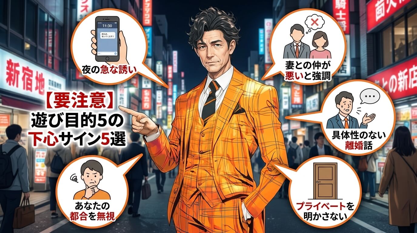 日本人の写真と現代日本の風景がベース。参照画像のテイストで生成。, 「遊び目的の50代既婚男性の下心サイン」をテーマにしたインフォグラフィック。中央に「【要注意】下心サイン5選」とタイトルを配置。その