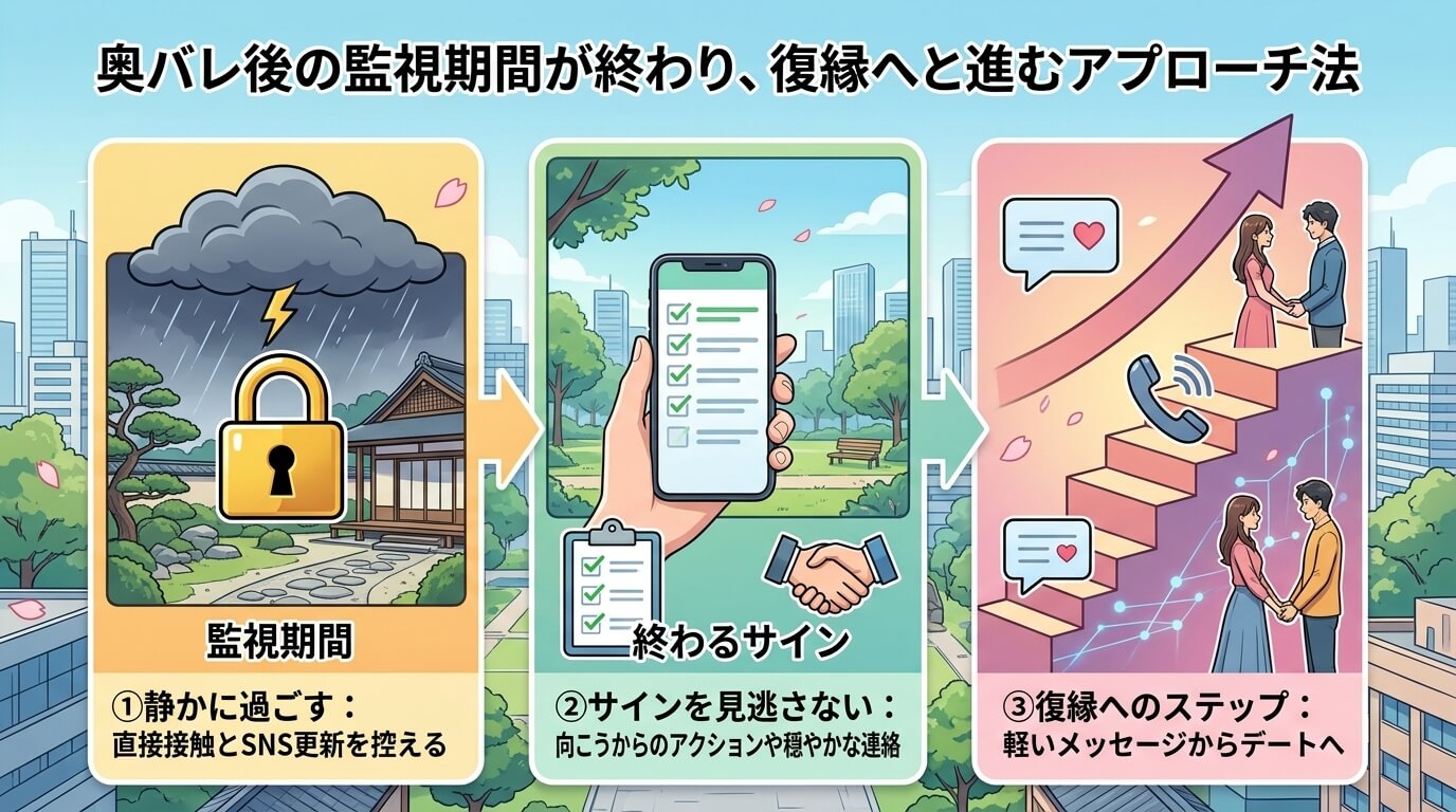 日本人の写真と現代日本の風景がベース。参照画像のテイストで生成。, 「奥バレ後の監視期間が終わり、復縁へと進むアプローチ法」をテーマにしたインフォグラフィック。左から右へのステップ図で、①嵐と鍵のアイ