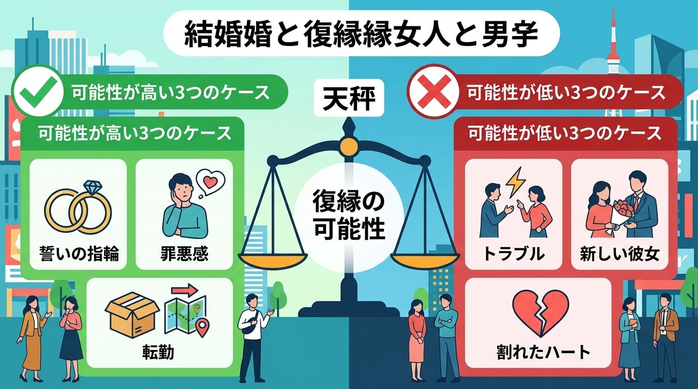日本人の写真と現代日本の風景がベース。参照画像のテイストで生成。, 「既婚女性と独身男性の復縁」をテーマにしたインフォグラフィック。中央に「復縁の可能性」を示す天秤を配置し、左に「可能性が高い3つのケ