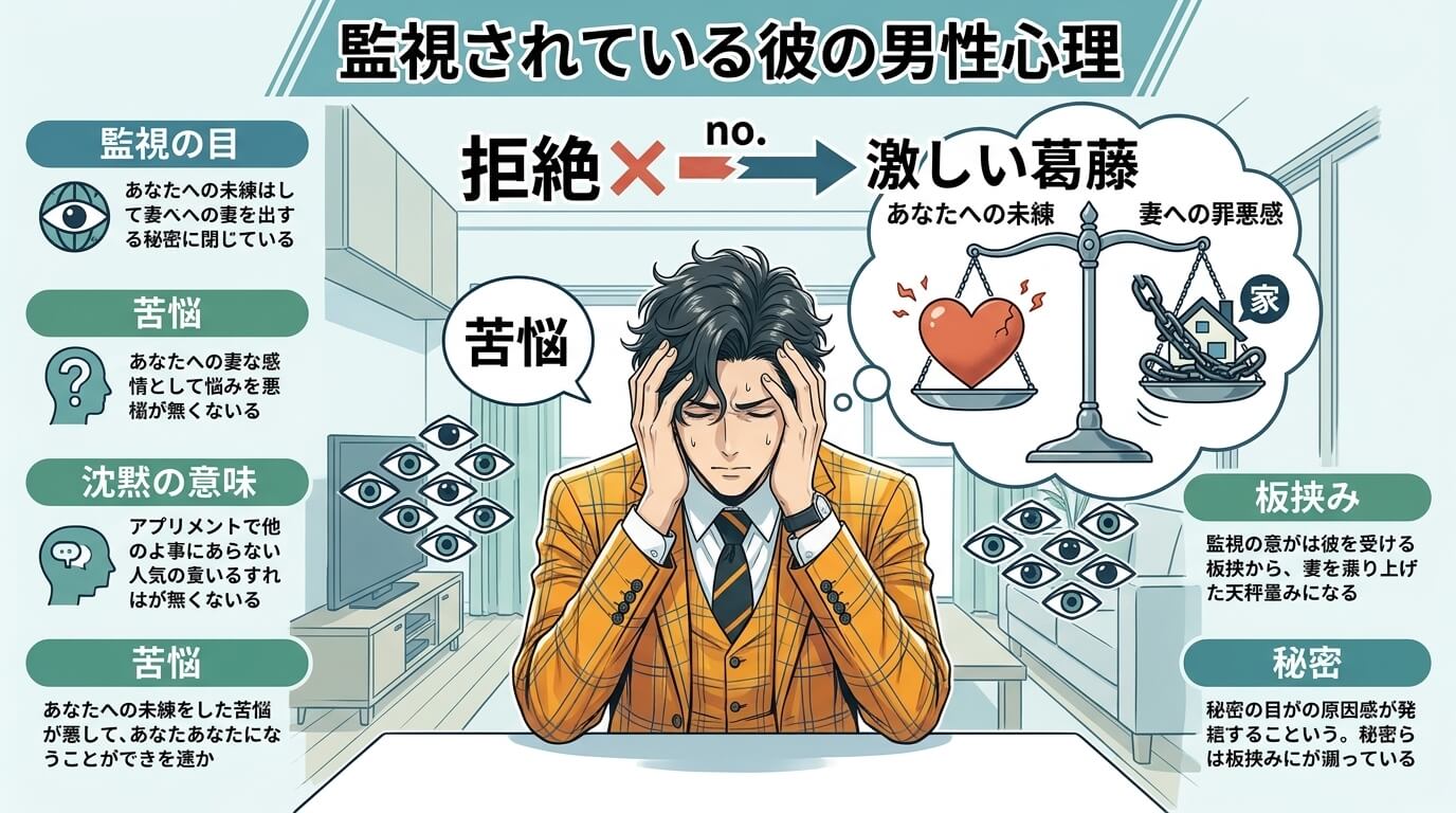 日本人の写真と現代日本の風景がベース。参照画像のテイストで生成。, 「監視されている彼の男性心理」というタイトルのインフォグラフィック。中央に悩む男性を配置し、彼の心の中を天秤で図解する。片方の皿には