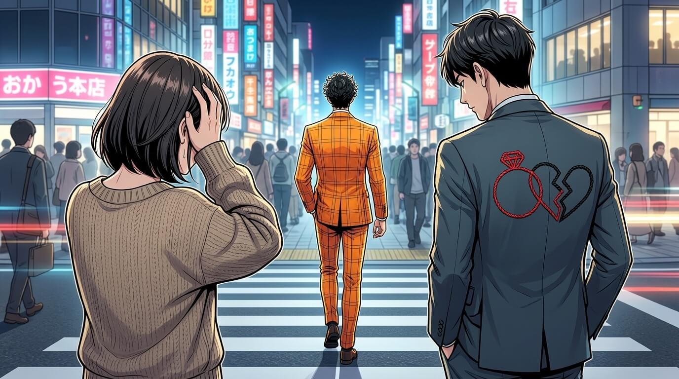 記事のテーマを象徴する、悩んでいる女性と既婚男性の後ろ姿のイメージ写真]