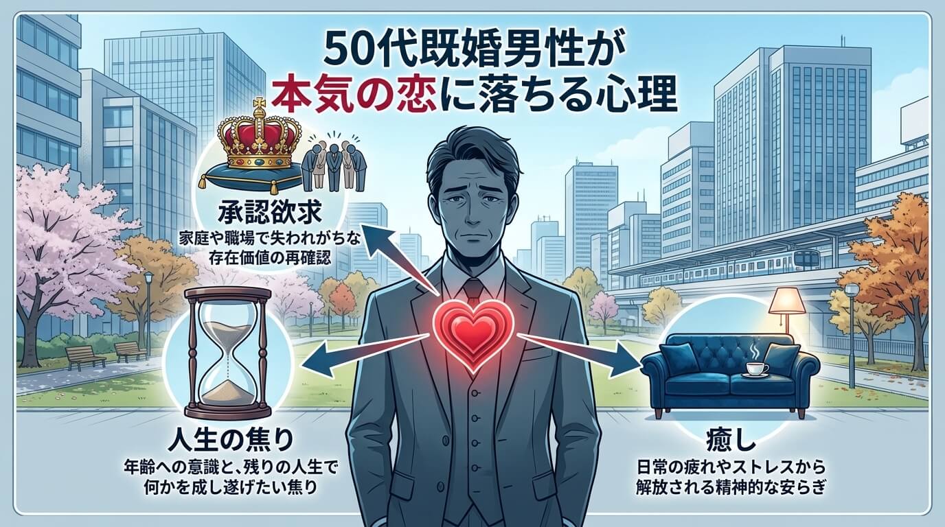 日本人の写真と現代日本の風景がベース。参照画像のテイストで生成。, インフォグラフィック。タイトル「50代既婚男性が本気の恋に落ちる心理」。中央に悩む男性のシルエット。その周りに「承認欲求（王冠）」「