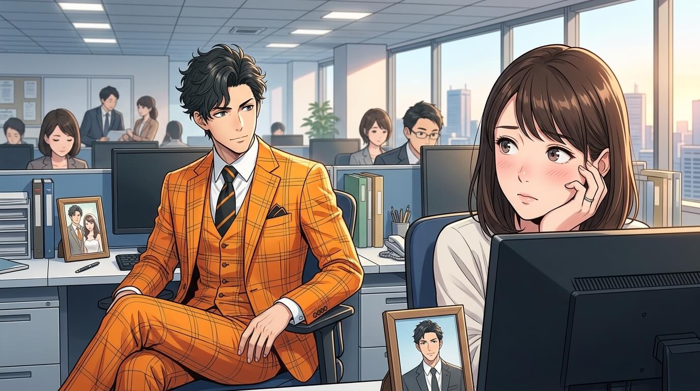 職場のデスクで既婚男性の同僚からの視線を感じ、少し戸惑いながらも彼のことを考えている様子の女性のイメージ写真]
