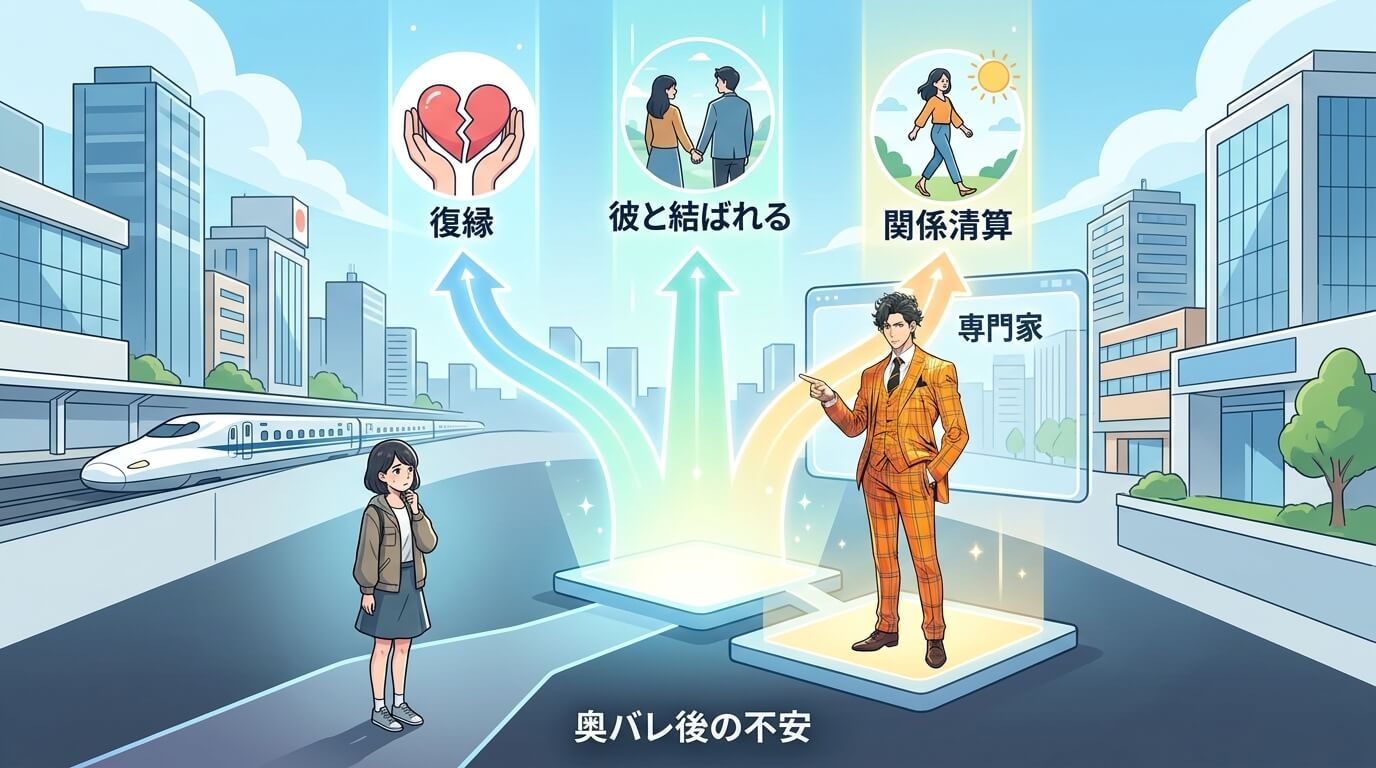 日本人の写真と現代日本の風景がベース。参照画像のテイストで生成。, インフォグラフィック、フローチャート形式。「奥バレ後の不安」という暗い場所に立つ女性が、前方に現れた専門家から示される3つの明るい未