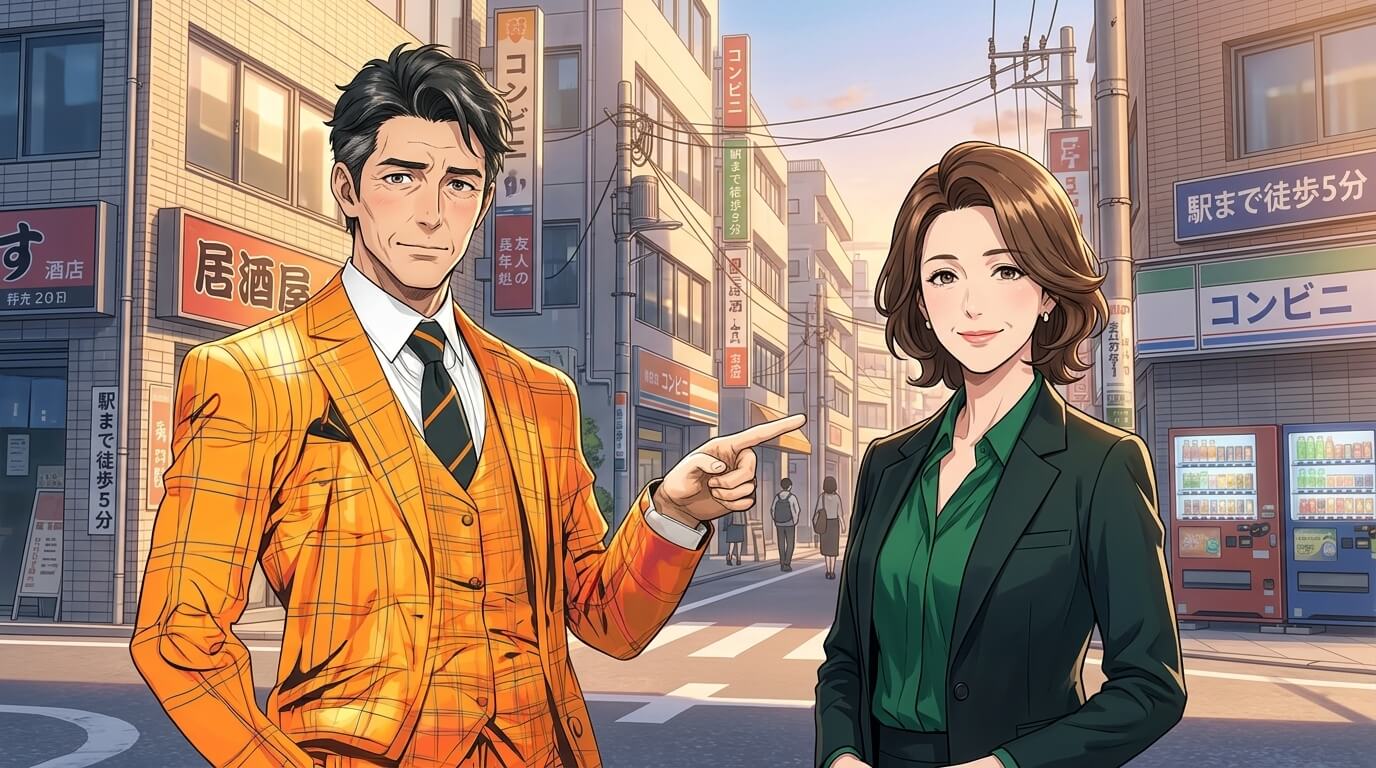 50代の男性が、親しい友人に少し照れながらも真剣な表情で隣にいる女性を紹介しているシーン]