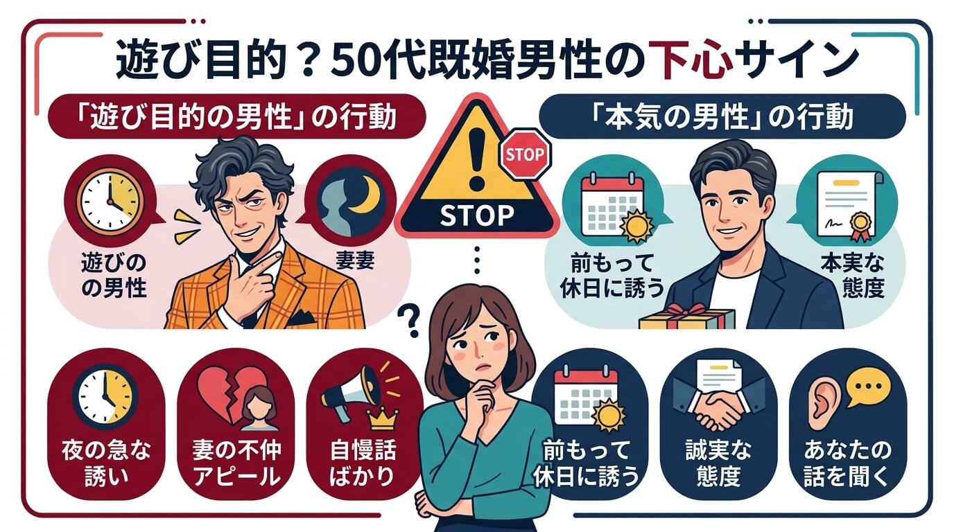 日本人の写真と現代日本の風景がベース。参照画像のテイストで生成。, インフォグラフィック。「遊び目的？50代既婚男性の下心サイン」というタイトル。中央に警告アイコンを配置し、左右で「遊び目的の男性」と