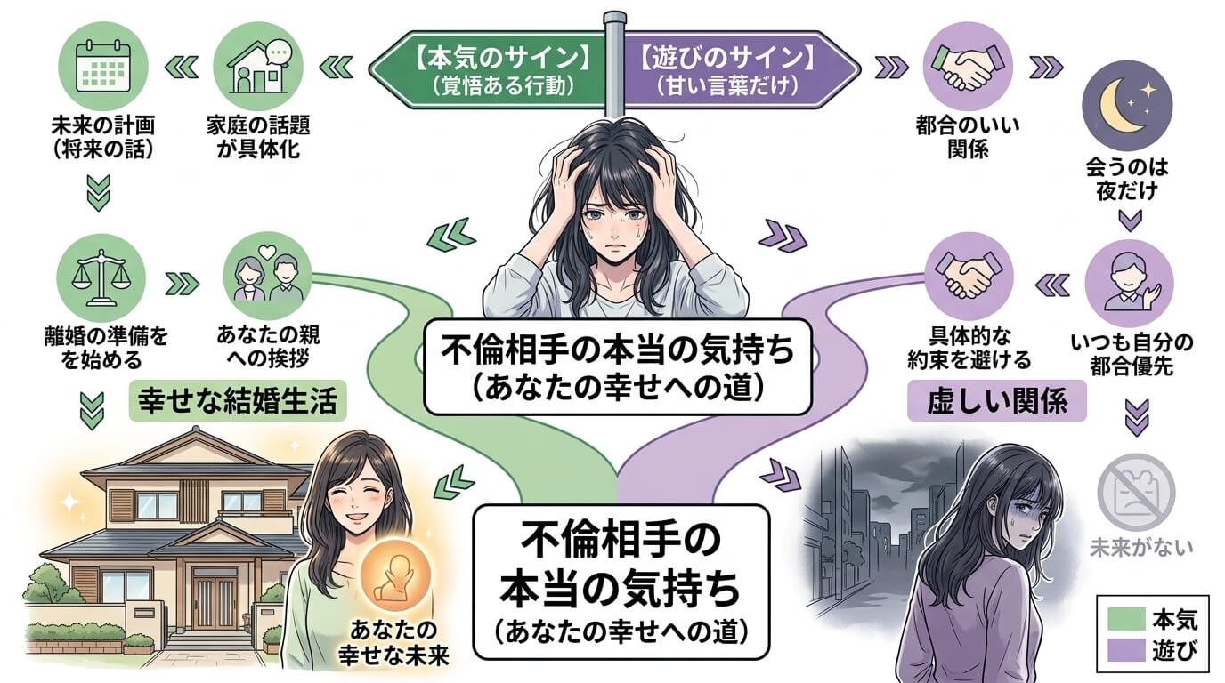 日本人の写真と現代日本の風景がベース。参照画像のテイストで生成。, 岐路に立つ女性を中心にしたフローチャート風インフォグラフィック。「本気のサイン（覚悟ある行動）」と「遊びのサイン（甘い言葉だけ）」の