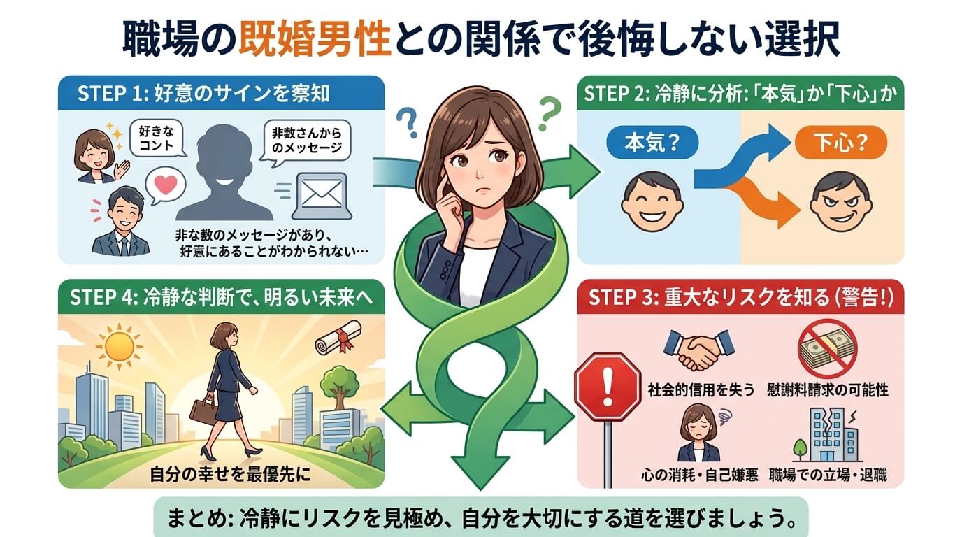日本人の写真と現代日本の風景がベース。参照画像のテイストで生成。, 「職場の既婚男性との関係で後悔しない選択」をテーマにしたインフォグラフィック。悩む女性を主人公に、判断プロセスを4つのステップで描く