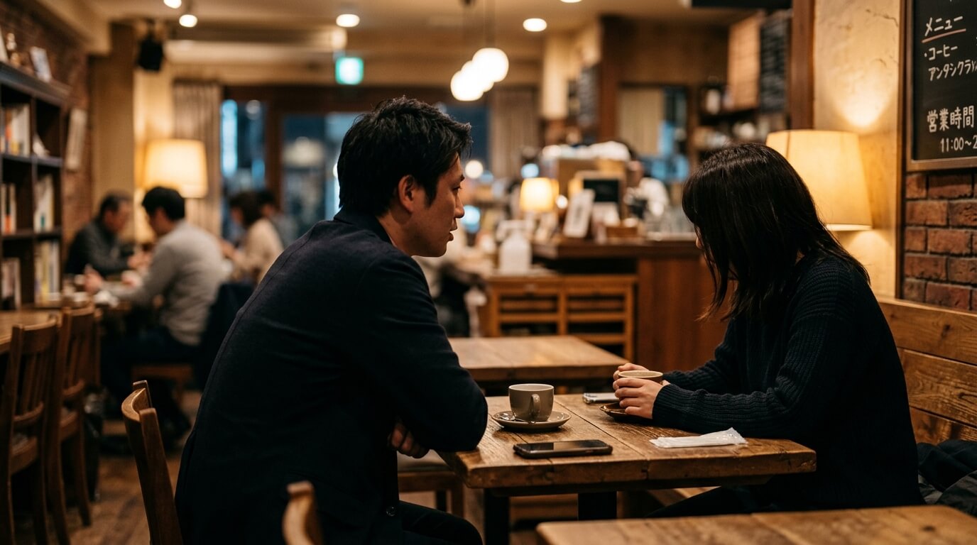 カフェの隅の席で、真剣な表情で向かい合って話す男女のイメージ写真（顔ははっきり見えないようにする）]