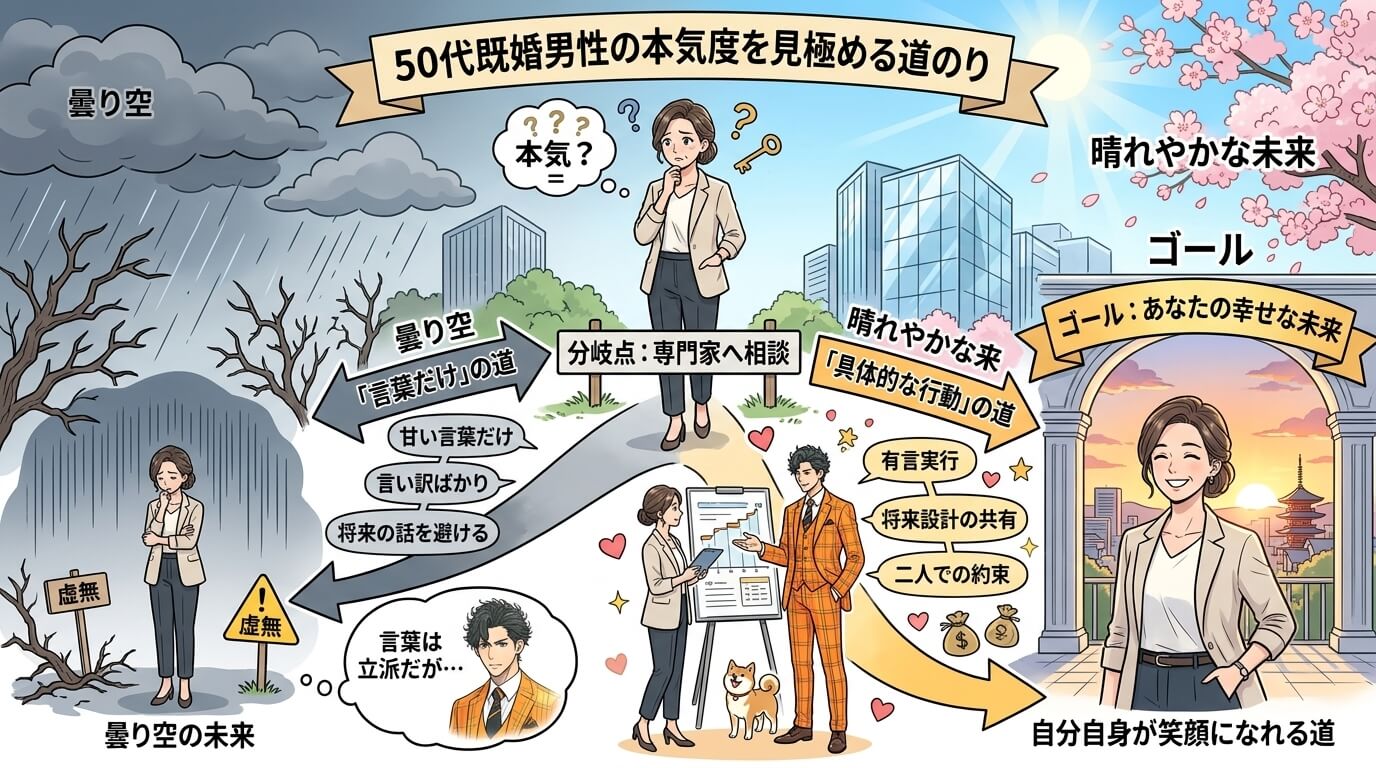 日本人の写真と現代日本の風景がベース。参照画像のテイストで生成。, インフォグラフィック、フローチャート形式。悩む女性が「50代既婚男性の本気度」を見極める道のりを描く。左は「言葉だけ」の道で曇り空の