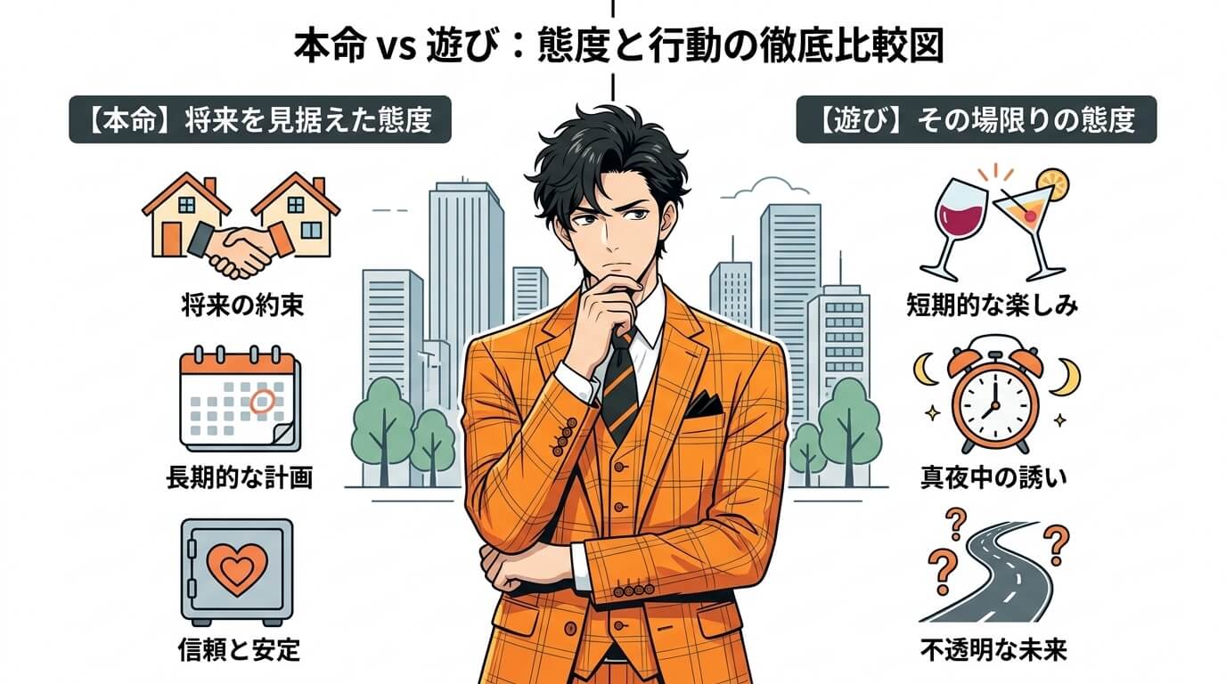 日本人の写真と現代日本の風景がベース。参照画像のテイストで生成。, インフォグラフィック、比較図。中央にスーツ姿で思慮深い表情の50代男性。背景を左右に分割し、左側は「本命への態度」として将来を示すア