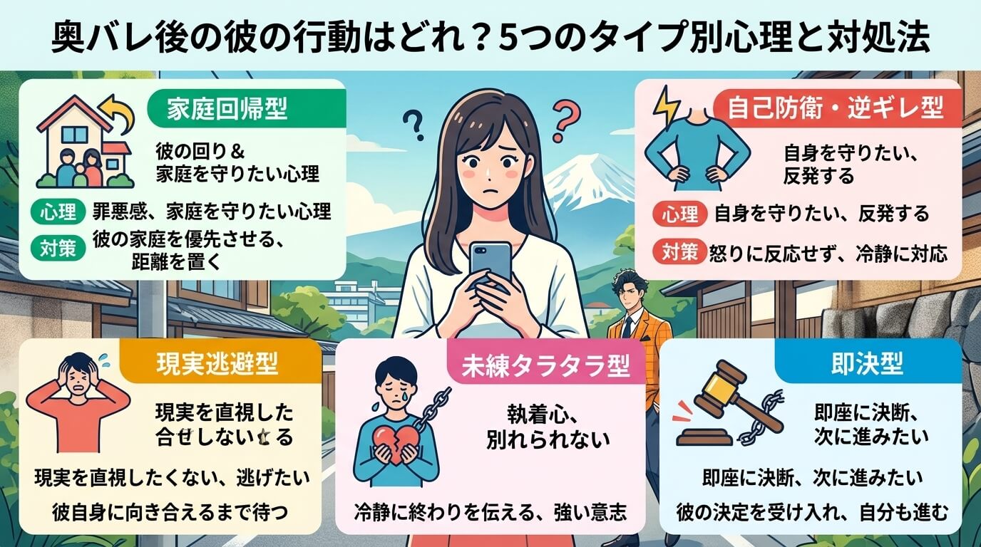 日本人の写真と現代日本の風景がベース。参照画像のテイストで生成。, インフォグラフィックを作成。タイトルは「奥バレ後の彼の行動はどれ？5つのタイプ別心理と対処法」。中心にスマホを見て困惑する女性を配置