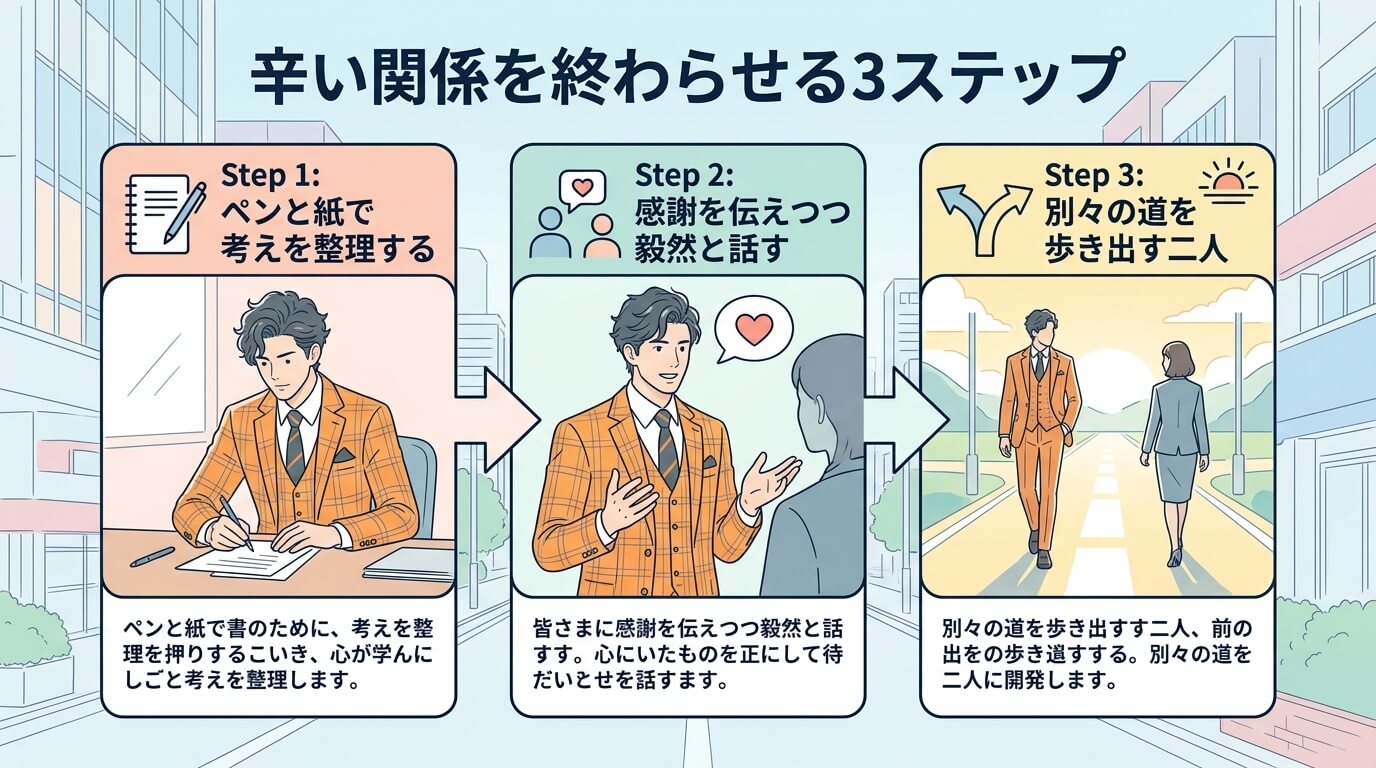 日本人の写真と現代日本の風景がベース。参照画像のテイストで生成。, 「辛い関係を終わらせる3ステップ」をテーマにしたインフォグラフィック。落ち着いたパステルカラーを基調としたフラットなデジタルイラスト