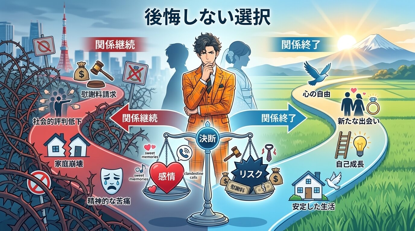 日本人の写真と現代日本の風景がベース。参照画像のテイストで生成。, 既婚女性との恋に悩む男性の意思決定プロセスを描いたフロー図スタイルのインフォグラフィック。中央の男性から二つの道が分岐し、片方は「関