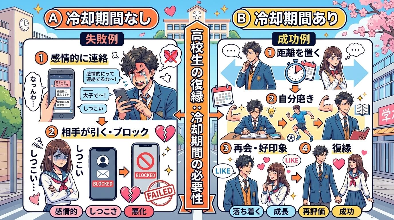 日本人の写真と現代日本の風景がベース。参照画像のテイストで生成。, 高校生の復縁における冷却期間の必要性をテーマにしたインフォグラフィック。画面を左右2分割した比較図で、左に「冷却期間なし」の失敗例（