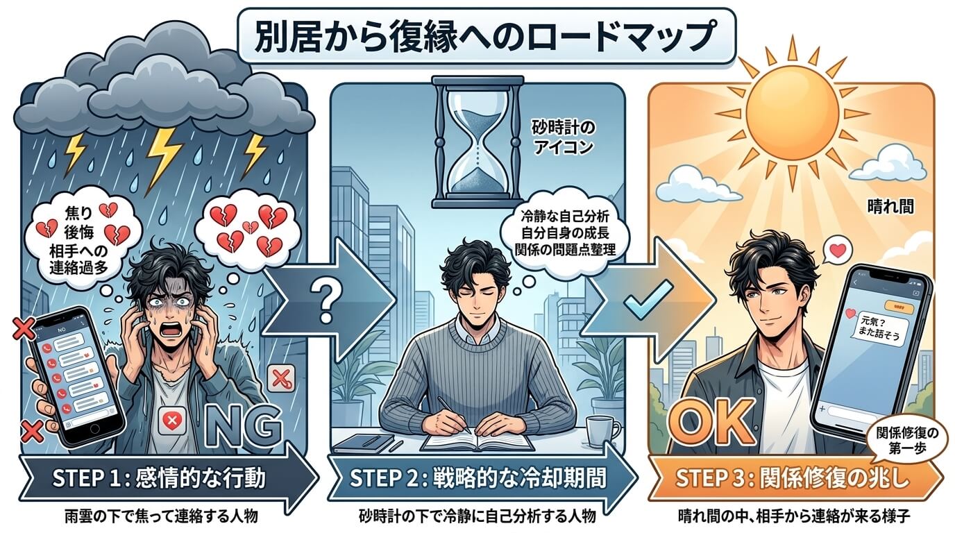 日本人の写真と現代日本の風景がベース。参照画像のテイストで生成。, 「別居から復縁へのロードマップ」というテーマのインフォグラフィック。3つのステップを矢印で繋いだステップ図。①「NG:感情的な行動」