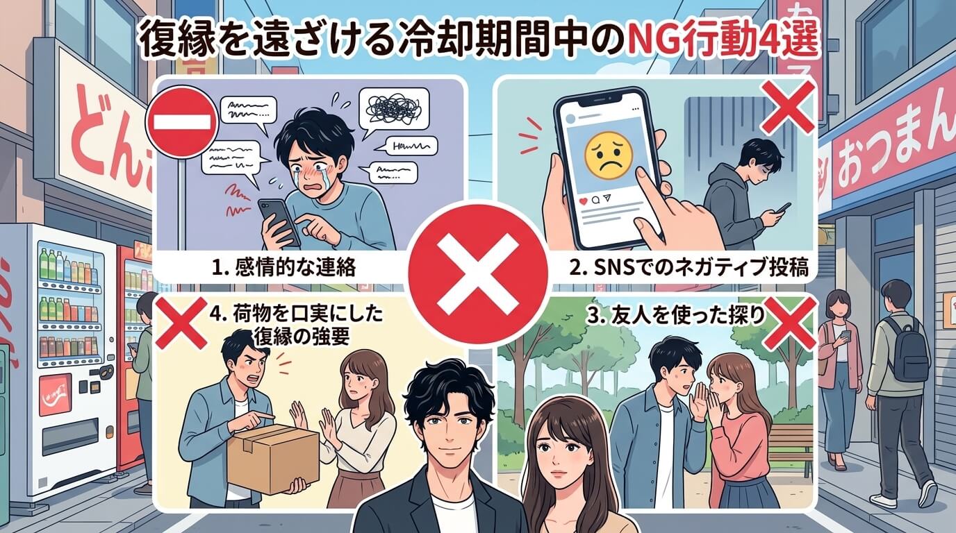 日本人の写真と現代日本の風景がベース。参照画像のテイストで生成。, 「復縁を遠ざける冷却期間中のNG行動4選」というテーマのインフォグラフィック。フラットデザインのデジタルイラストで、親しみやすい男女