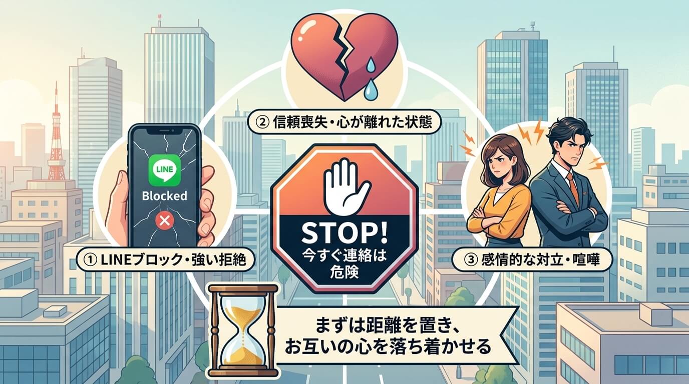 日本人の写真と現代日本の風景がベース。参照画像のテイストで生成。, 「復縁で冷却期間が絶対に必要な3つのケース」をテーマにしたインフォグラフィック。中央に大きな「STOP! 今すぐ連絡は危険」という警
