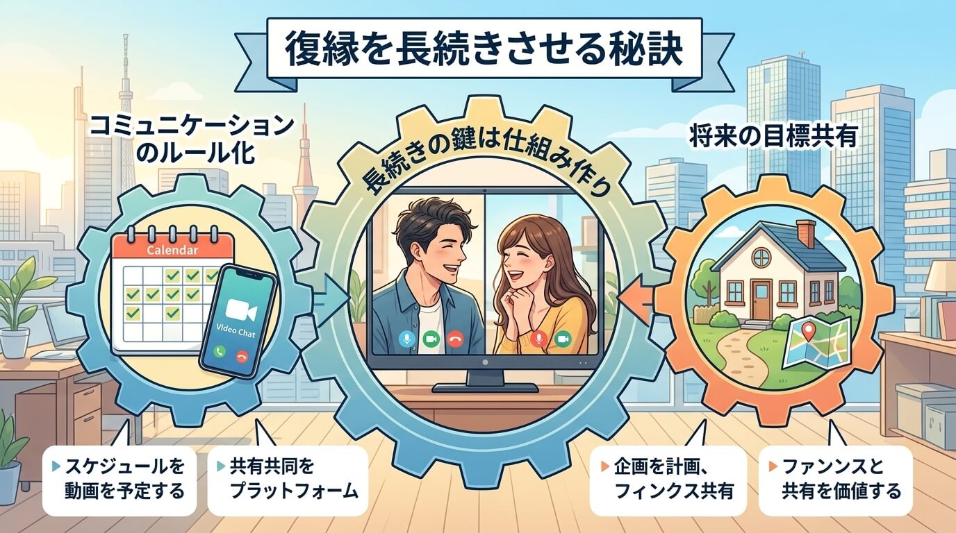 日本人の写真と現代日本の風景がベース。参照画像のテイストで生成。, 「復縁を長続きさせる秘訣」というタイトルのインフォグラフィック。中央に、遠距離恋愛のカップルがビデオ通話で笑顔で繋がるイラスト。二人