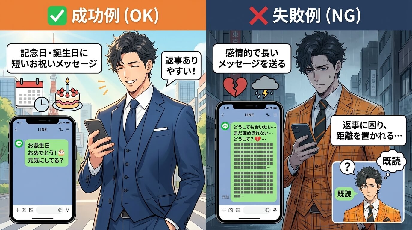 日本人の写真と現代日本の風景がベース。参照画像のテイストで生成。, 復縁の連絡方法に関するインフォグラフィック。画面を左右に分け、「成功例(OK)」と「失敗例(NG)」を比較。左側は明るい雰囲気で、カ