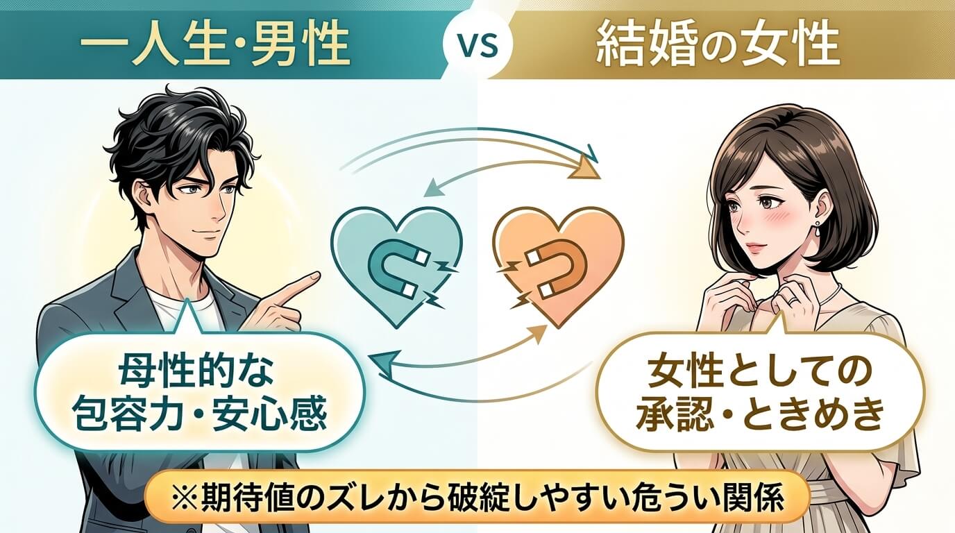 日本人の写真と現代日本の風景がベース。参照画像のテイストで生成。, 「独身男性と既婚女性が惹かれ合う心理」をテーマにした図解インフォグラフィック。画面を左右に分け、左に独身男性、右に既婚女性のフラット