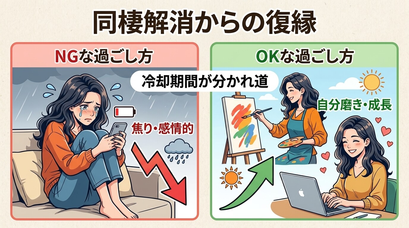 日本人の写真と現代日本の風景がベース。参照画像のテイストで生成。, 「同棲解消からの復縁」をテーマにしたインフォグラフィック。フラットなデジタルイラストで、冷却期間の過ごし方を左右で比較する構成。左側