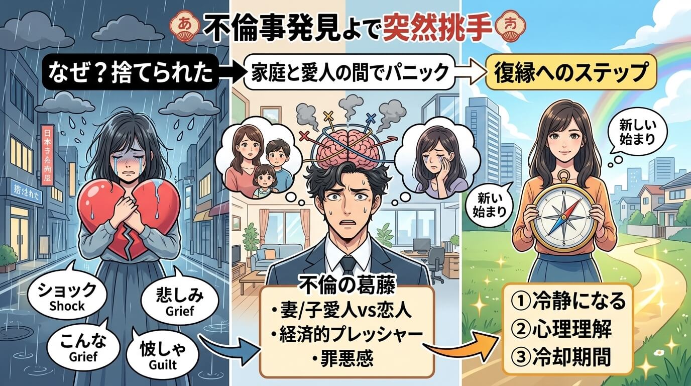 日本人の写真と現代日本の風景がベース。参照画像のテイストで生成。, 「奥バレで突然の別れ」をテーマにしたインフォグラフィック。左側は嵐の中で壊れたハートを持ち涙ぐむ女性と「なぜ？捨てられた」の文字。中
