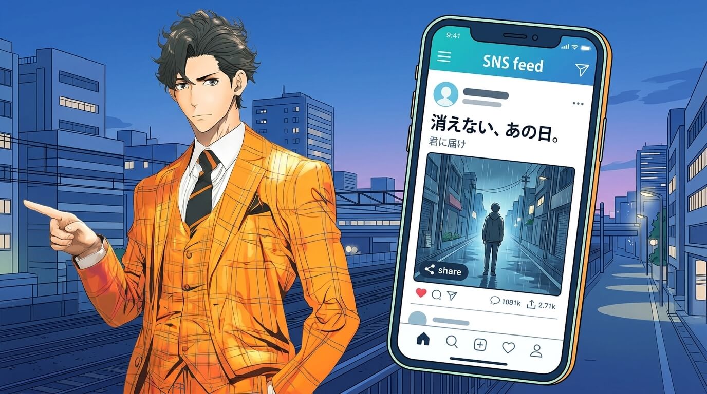 SNSでの未練のサイン（ポエム投稿など）を示すスマートフォンの画面のイメージイラスト]