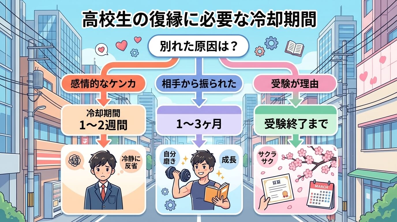 日本人の写真と現代日本の風景がベース。参照画像のテイストで生成。, 高校生の復縁に必要な冷却期間を示すインフォグラフィック。「別れた原因は？」という問いから始まるフローチャート形式。3つの分岐：「感情