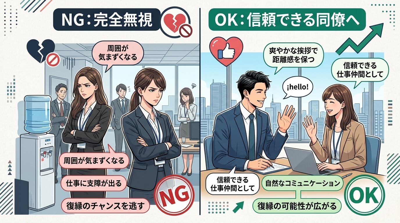 日本人の写真と現代日本の風景がベース。参照画像のテイストで生成。, 「社内恋愛の復縁」をテーマにしたインフォグラフィック。画面を左右に分割した比較図。左側は「NG: 完全無視」と題し、職場で元恋人を無