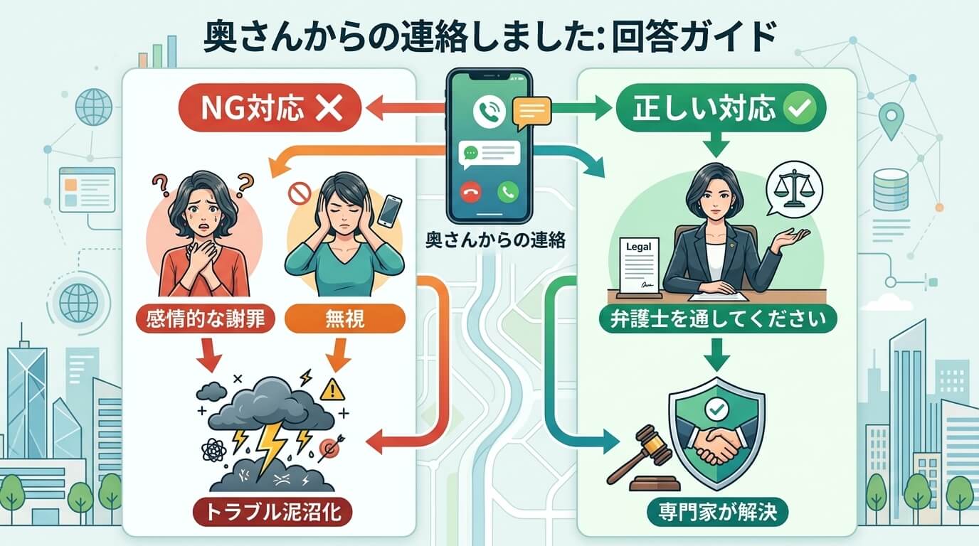 日本人の写真と現代日本の風景がベース。参照画像のテイストで生成。, 「彼の奥さんから連絡が来た時の対応」をテーマにしたインフォグラフィック。中央上部のスマホから左右に分岐するフローチャート形式。左側は
