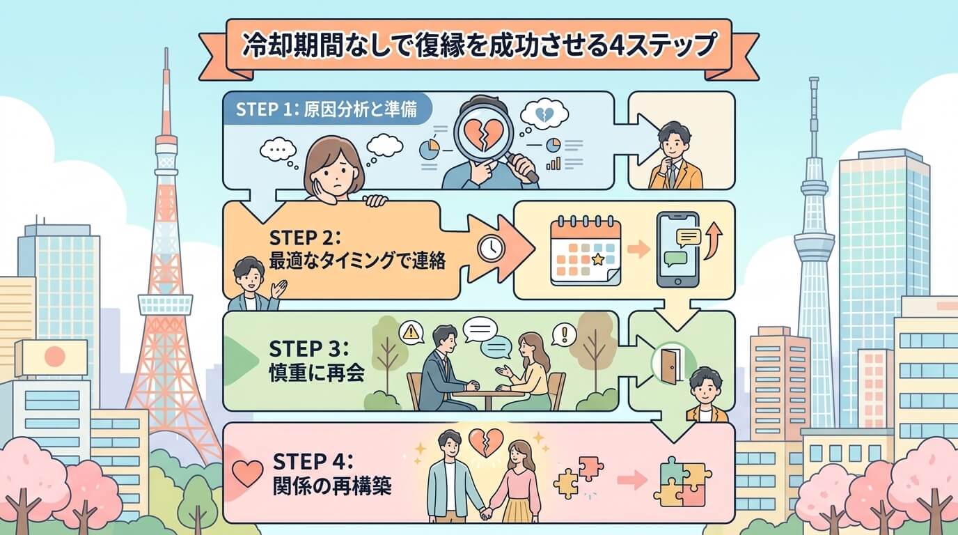 日本人の写真と現代日本の風景がベース。参照画像のテイストで生成。, 「冷却期間なしで復縁を成功させる4ステップ」のインフォグラフィック。上から下へ進むフロー図で、STEP1「原因分析と準備（虫眼鏡のア