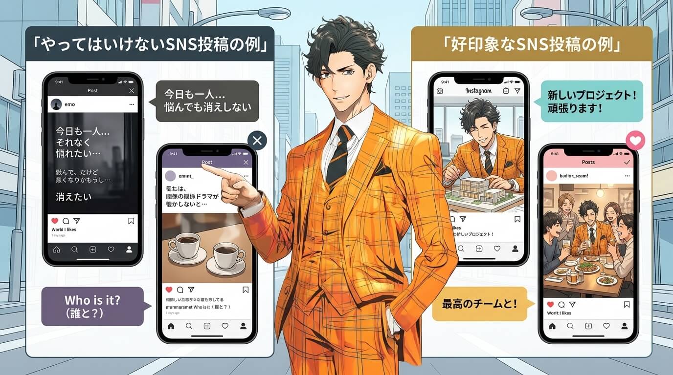「やってはいけないSNS投稿の例（病み投稿、異性の影を匂わせる投稿）」と「好印象なSNS投稿の例（趣味や仕事に打ち込む姿、友人との健全な交流）」を並べて比較する画像]
