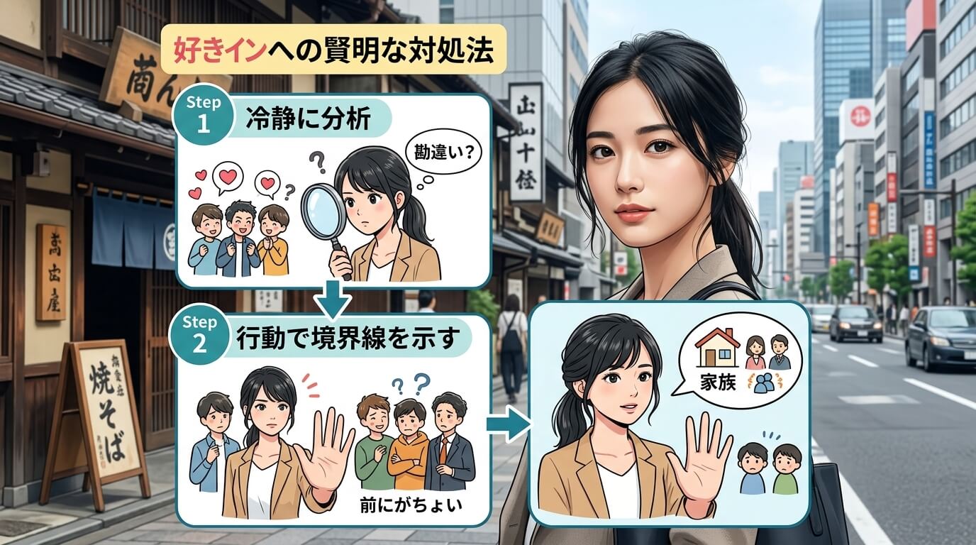 日本人の写真と現代日本の風景がベース。参照画像のテイストで生成。, 「好きサインへの賢明な対処法」というタイトルのインフォグラフィック。2つのステップで構成されたフロー図。ステップ1は「冷静に分析」と