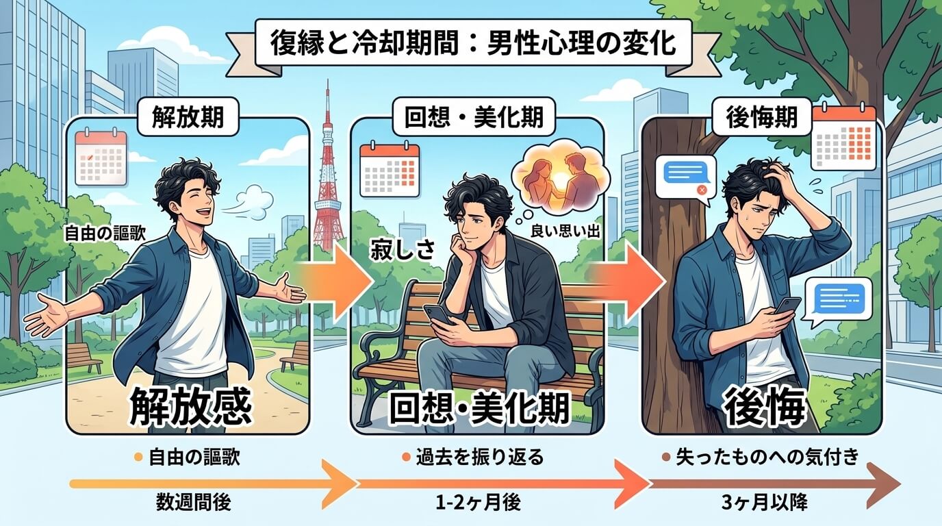 日本人の写真と現代日本の風景がベース。参照画像のテイストで生成。, 復縁と冷却期間をテーマにしたインフォグラフィック。「解放期→回想・美化期→後悔期」という男性心理の変化を、時間経過を示す矢印で繋がっ