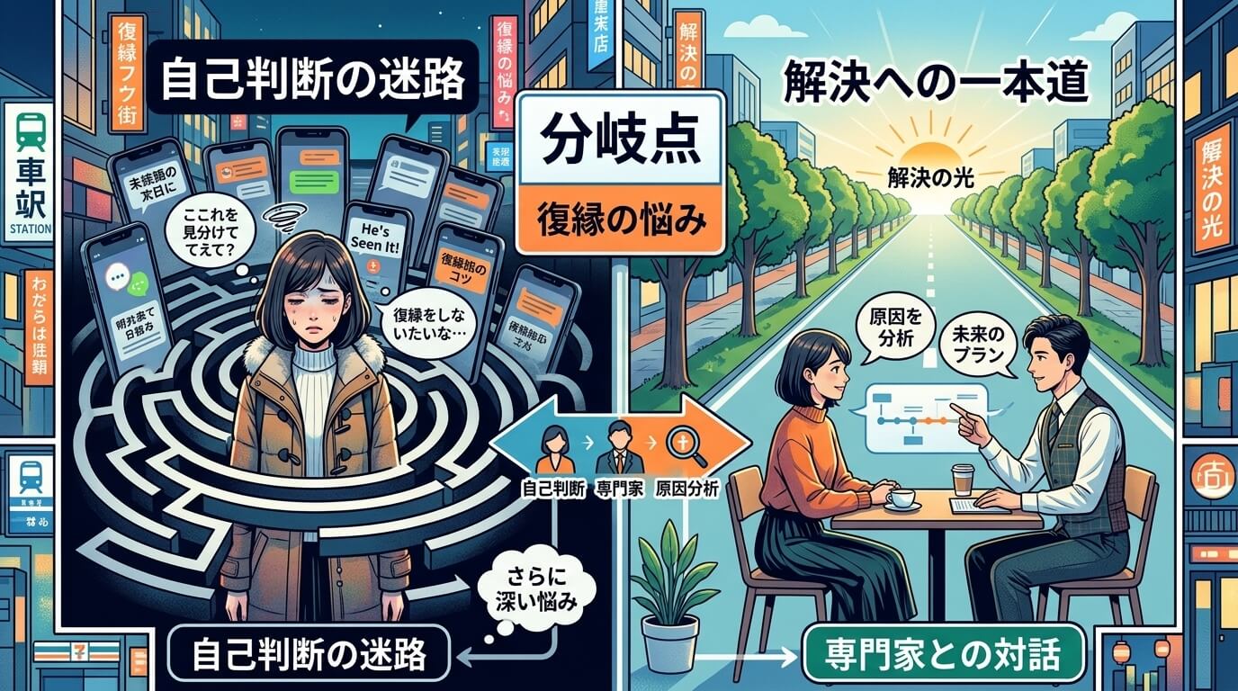 日本人の写真と現代日本の風景がベース。参照画像のテイストで生成。, 「復縁の悩み」をテーマにしたインフォグラフィック。デジタルイラスト、フラットデザイン。画面を左右に分け、2つのルートを比較するフロー