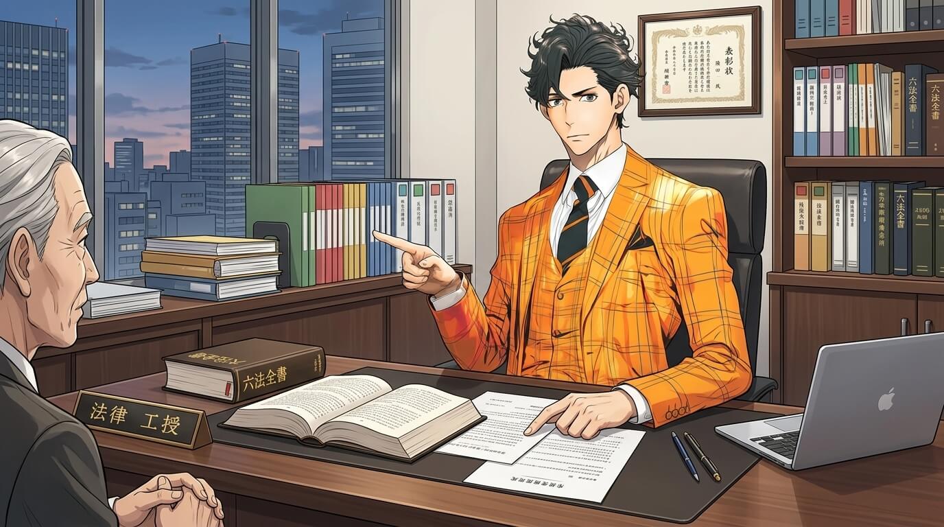 法律書類や六法全書を背景に、カウンセラーが真剣な表情で相談者に対応しているイメージ写真。法的なリスク管理もできる専門性をアピールするため。]
