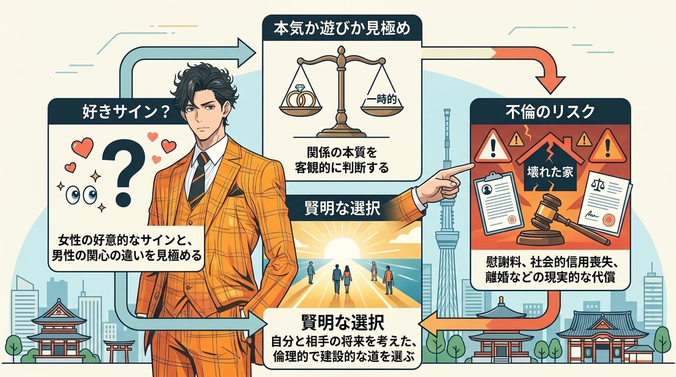 日本人の写真と現代日本の風景がベース。参照画像のテイストで生成。, 「既婚女性と独身男性の好きサインと不倫のリスク」をテーマにしたインフォグラフィック。フローチャート形式で、①「好きサイン？」(ハート