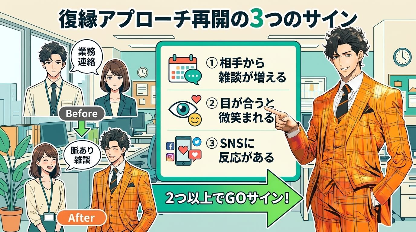 日本人の写真と現代日本の風景がベース。参照画像のテイストで生成。, インフォグラフィック「復縁アプローチ再開の3つのサイン」。中央にチェックリストがあり、「①相手から雑談が増える」「②目が合うと微笑ま